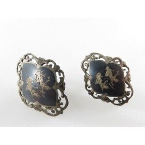 Vintage Nielloware Earrings 1950's Siam Pierced Silver Sterling Screwback Earrin